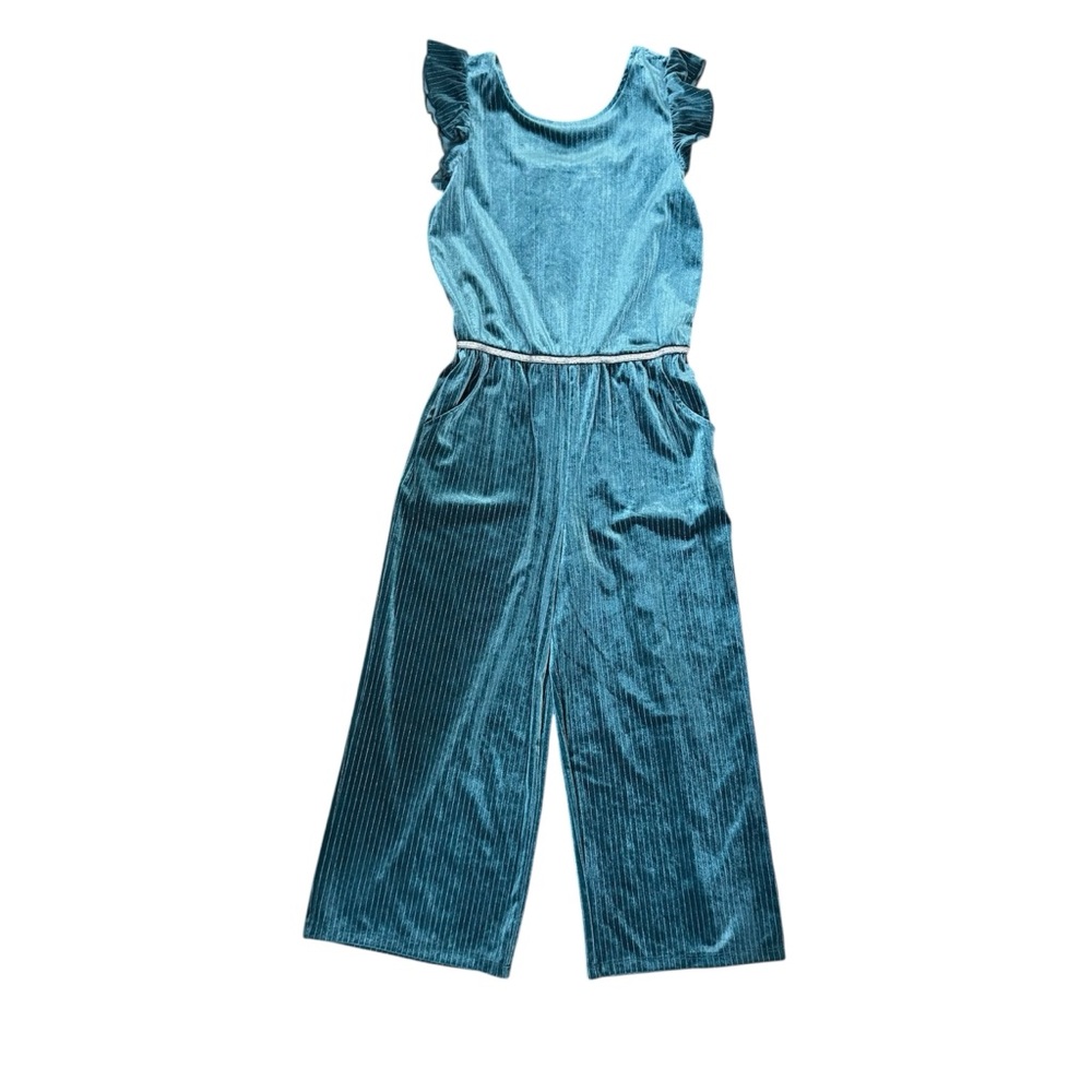 Cat & Jack Girls Dark Teal Velour Velvet Ruffle Jumpsuit Romper Sz Large - Picture 3 of 9